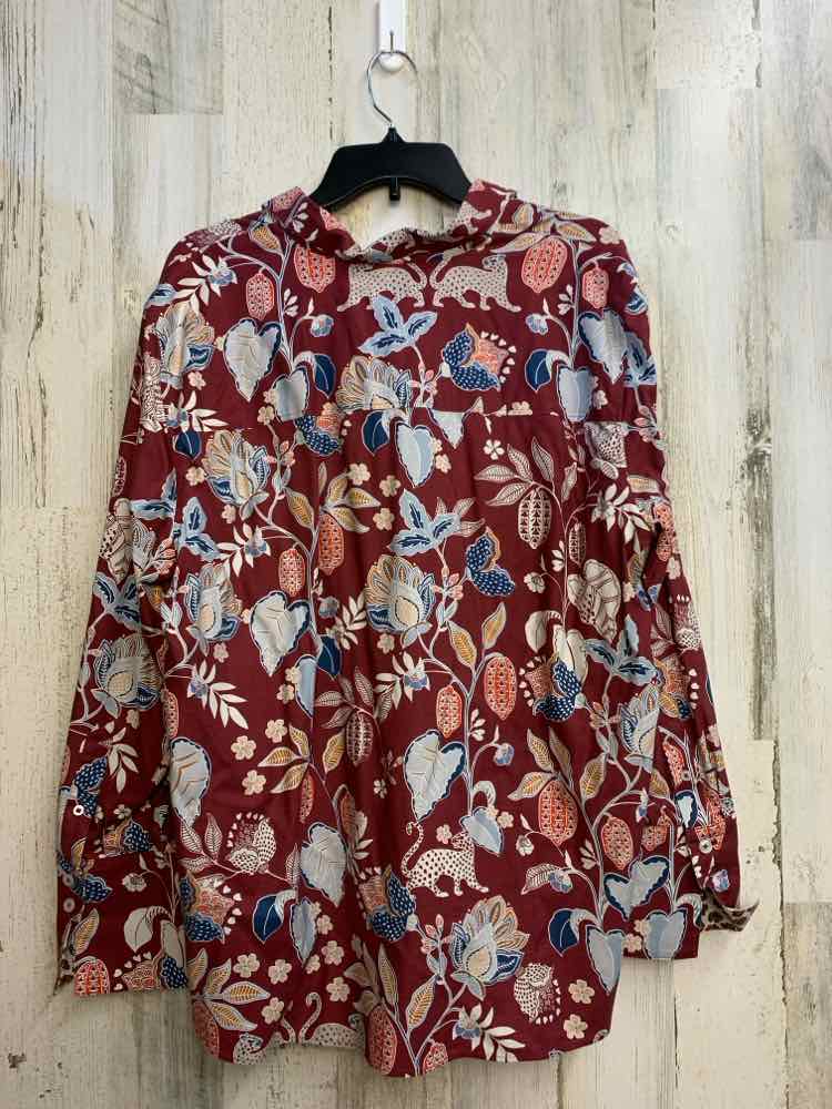 PRE-OWNED CHICOS Tops Size XL BURGANDY Floral LONGSLEEVE TOP/BUTTON UP