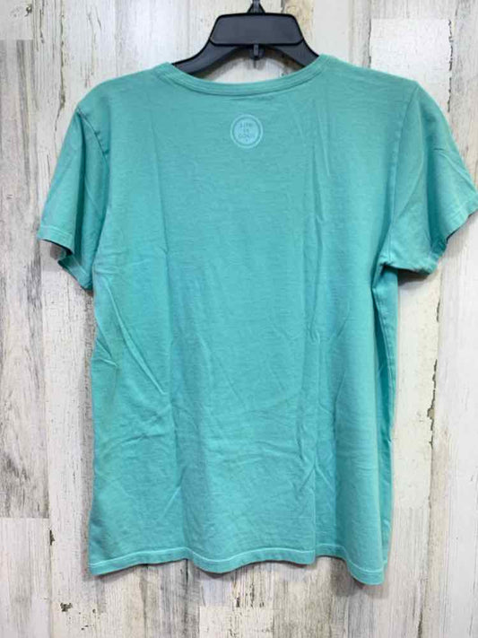 PRE-OWNED LIFE IS GOOD Tops Size M TEAL/PINK VNECK T-shirt/RAINBOW ON FRONT