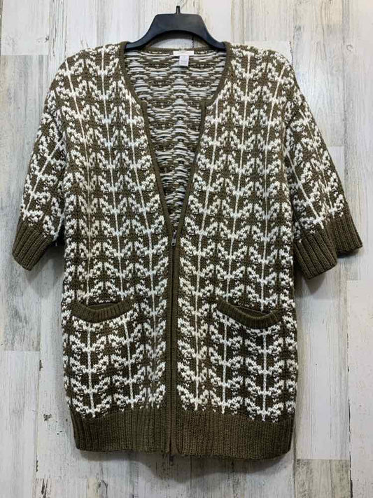 PRE-OWNED CHICO'S Tops Size 1 WHT/BRN SHORT SLEEVES ZIP UP KNIT Cardigan