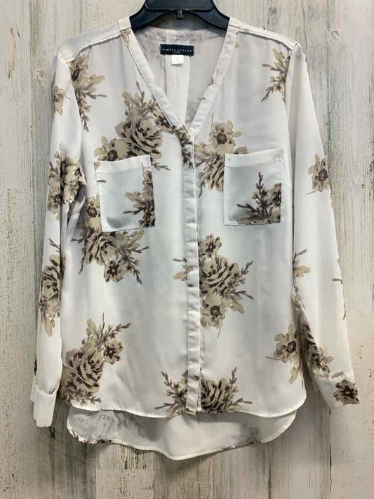 PRE-OWNED SIMPLY STYLED Tops Size L WHITE/BEIGE FLOWERS LONG SLEEVES TOP/LONG SL