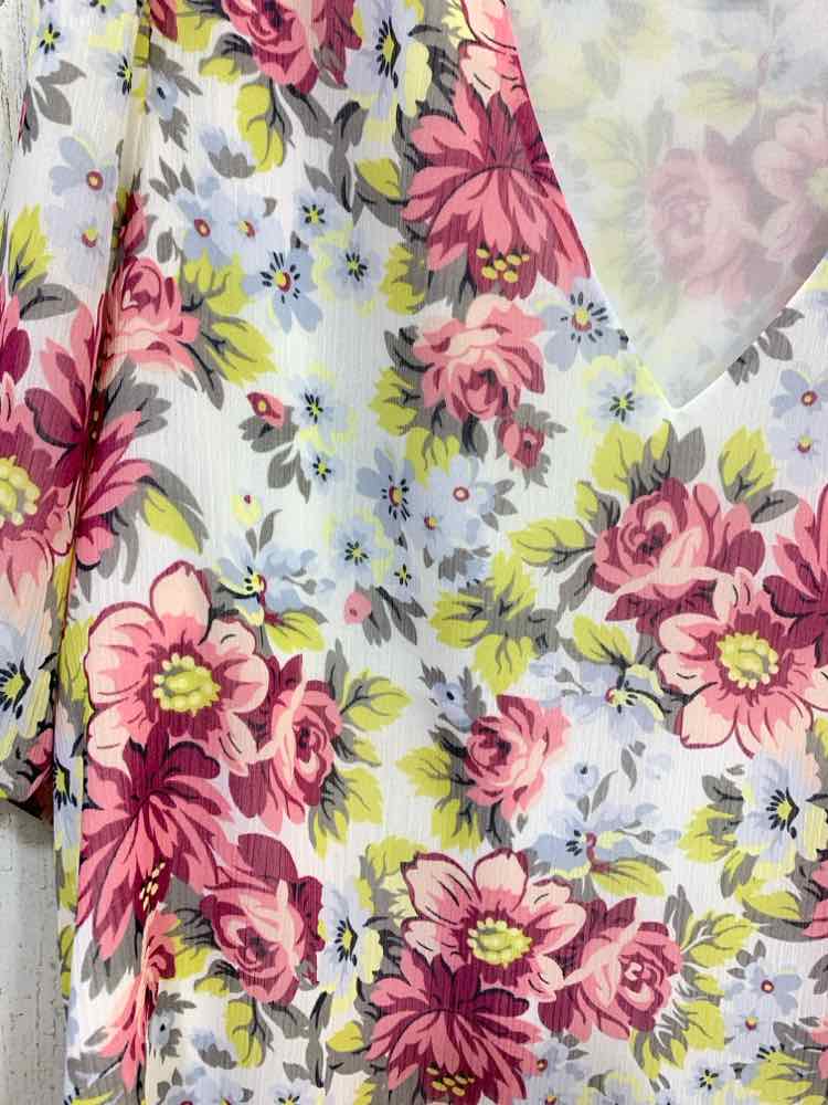PRE-OWNED CATO Tops Size L WHT/YLLW/MAROON/PINK Floral 3/4 SLEEVE Blouse/FLORAL