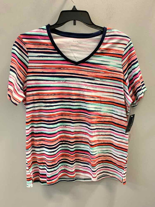 Size 1X KIM ROGERS CORAL/MULTI Stripe SHORT SLEEVES TOP
