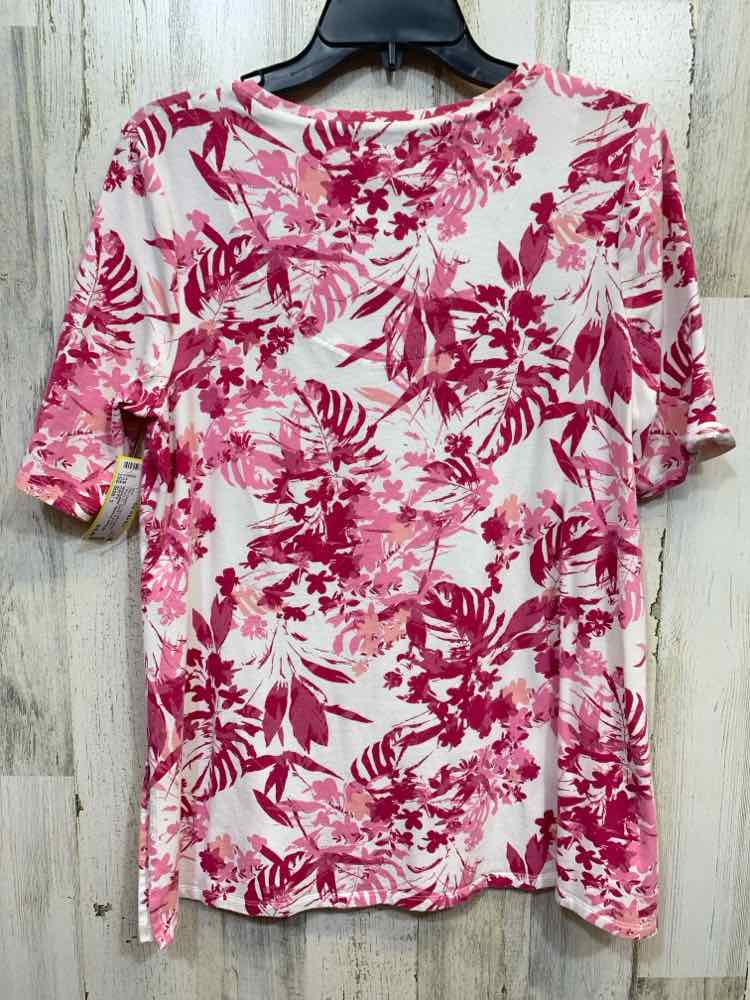 PRE-OWNED CHICO'S Tops Size 1 WHITE/PINK TROPICAL SHORT SLEEVES Shirt/WHITE/PINK