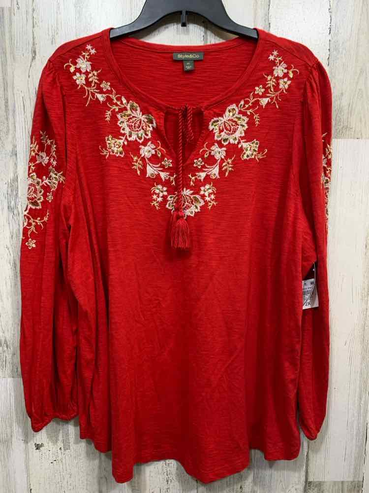 NWT STYLE & CO Size 2X Tops RED/GOLD Floral LONGSLEEVE Shirt