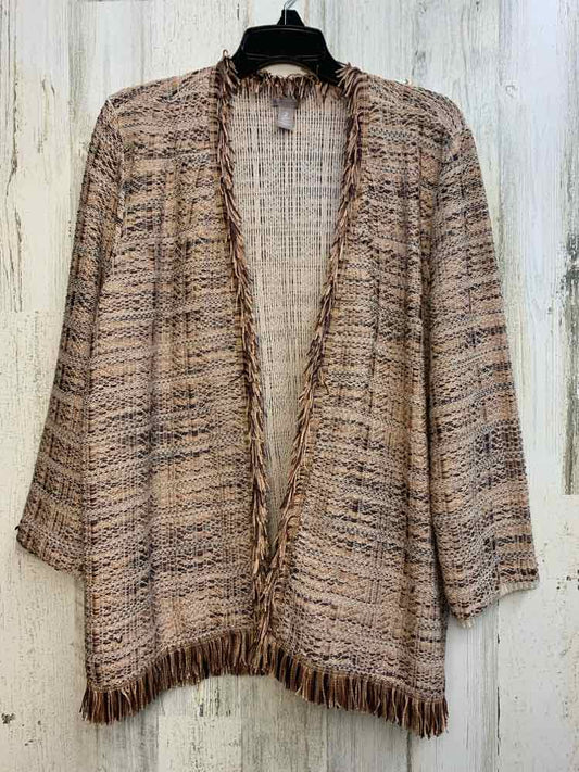 PRE-OWNED CHICO Tops Size M BROWN/TAN LONG SLEEVES Cardigan/FRINGE ALONG HEM