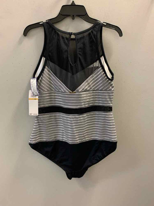 NWT ANNE COLE Swimwear Size 16 BLK/WHT Stripe T BACK Swimsuit
