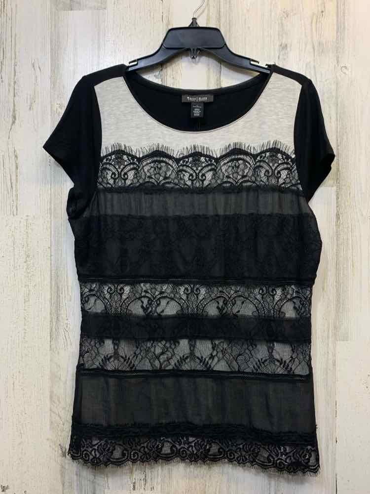 NWT WHITE HOUSE Tops Size L GRAY/BLACK Lace SHORT SLEEVES TOP/GRAY/BLACK SHORT S