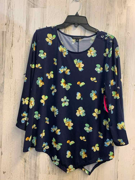 PRE-OWNED ZAC&RACHEL Tops Size XL NAVY/ GRN/ YLLW FLOWERS LONG SLEEVES TOP/NAVY/