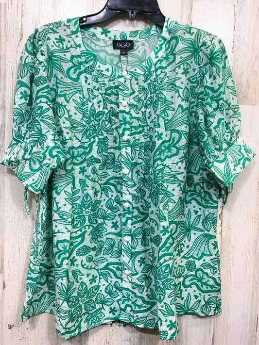 NWT GIGIO Tops Size L WHT/GRN Floral SHORT SLEEVES /BUTTON UP/PLEATED BIBBlouse