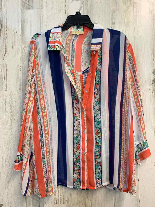 KATAYA Tops Size XL NAVY/WHT/CORAL SHEER STRIPE/FLORAL 2PC Shirt