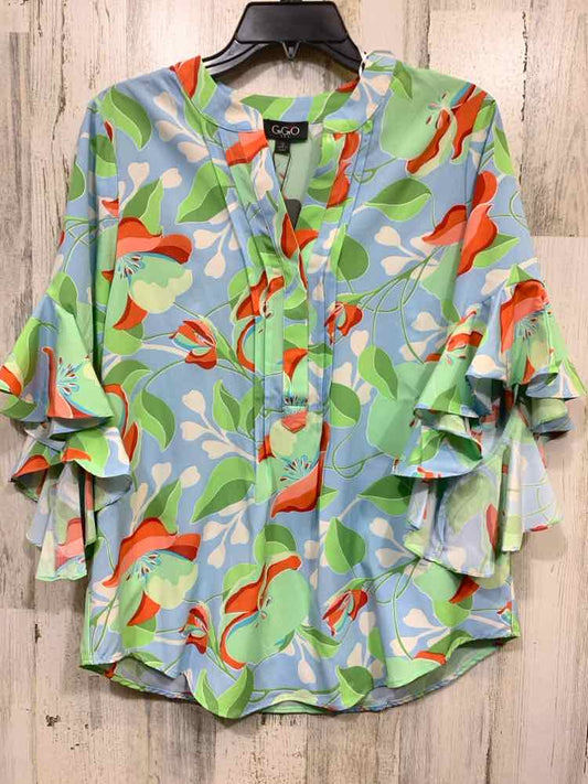 NWT GIGIO Tops Size S BLU/GRN/ORNG Floral 3/4 SLEEVE/PLEATED V NECK Blouse