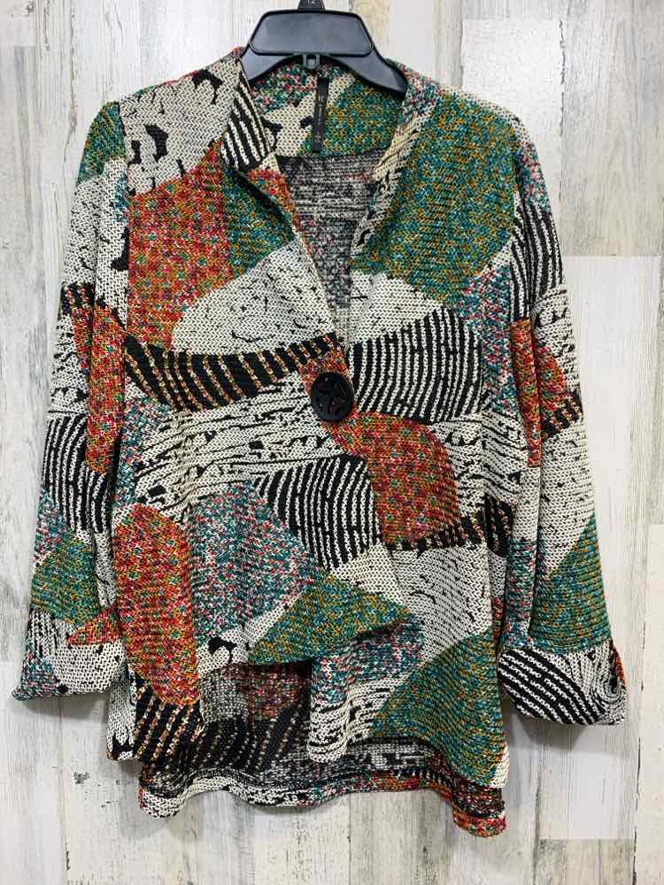 PRE-OWNED IC BY CONNIE K Size L Tops BLACK/WHITE/GREEN/RED BUTTON UP Cardigan
