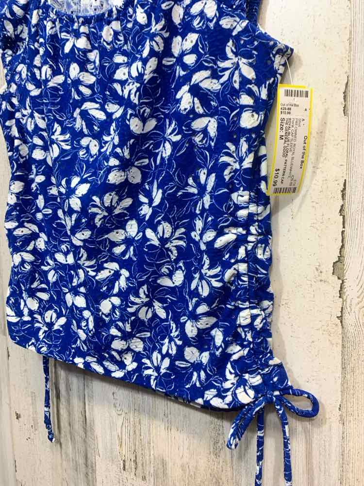 PRE-OWNED THE GENERAL GOOD Size M ROYAL BLUE/WHITE Floral CAP SLEEVE Shirt/ROYAL