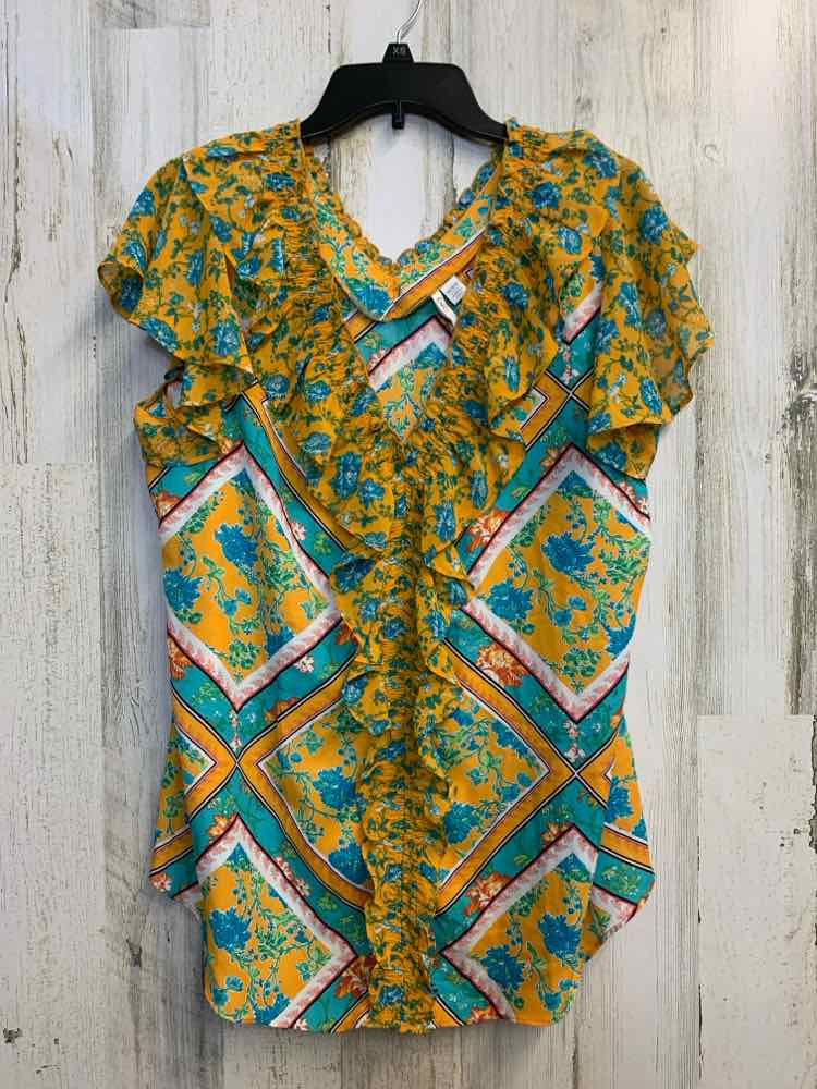 CATO Tops Size 14/16 YEL/AQUA FLORAL /DIAMOND FLUTTER TOP