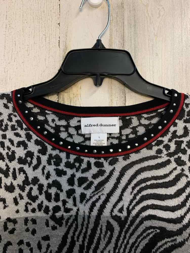 PRE-OWNED ALFRED DUNNER Tops Size L BLK/GRAY Animal Print 3/4 SLEEVE TOP/STUDDED