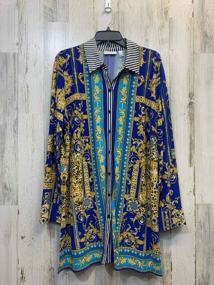 PRE-OWNED SUSAN GRAVER Tops Size XL BLUE/YELLOW/WHT BAROCCO BUTTON UP TOP/BAROCC