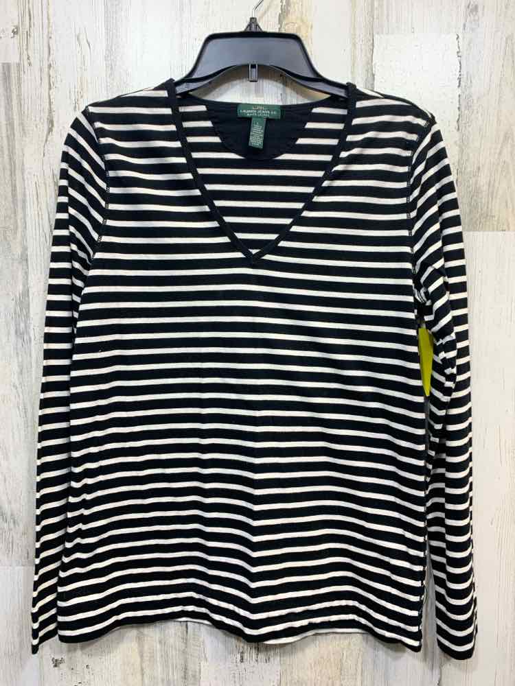PRE-OWNED Ralph Lauren Tops Size L BLK/WHT STRIPES LONG SLEEVE TOP/V NECK