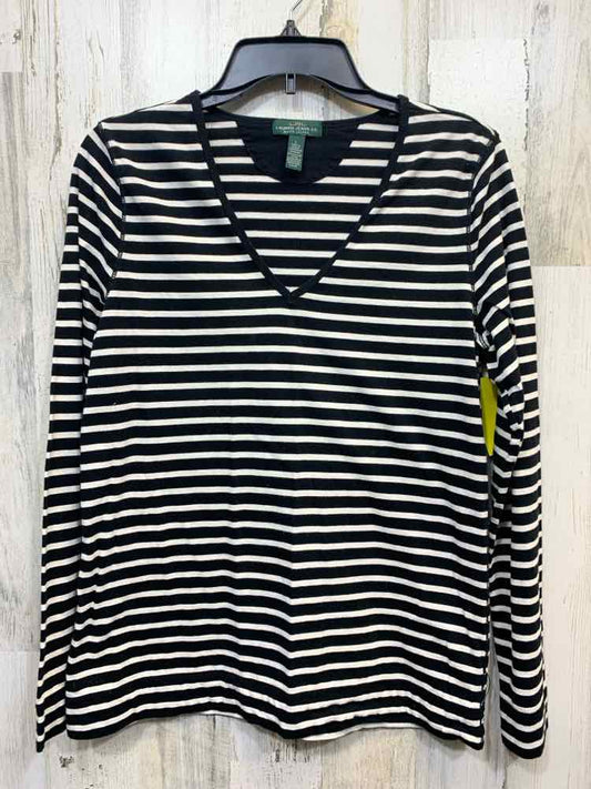 PRE-OWNED Ralph Lauren Tops Size L BLK/WHT STRIPES LONG SLEEVE TOP/V NECK