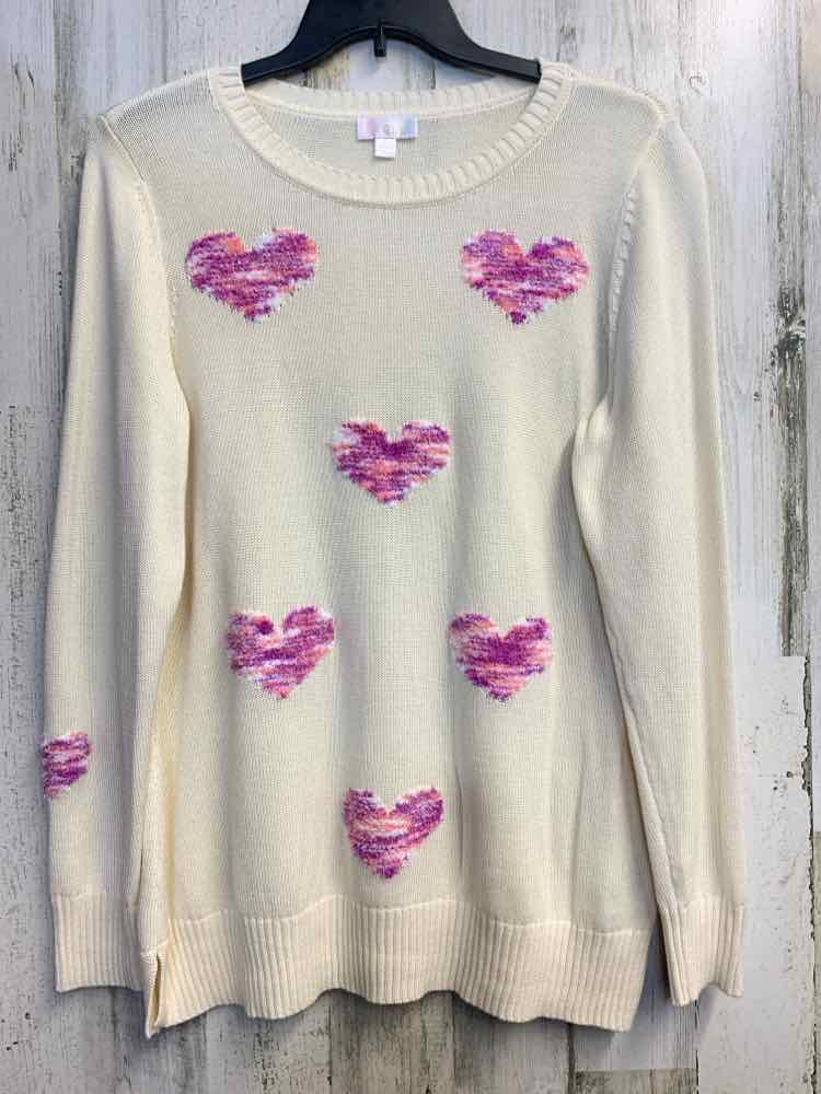 PRE-OWNED BELLE Tops Size L Cream HEARTS SWEATER/CREAM COLORED LONG SLEEVE SWEAT