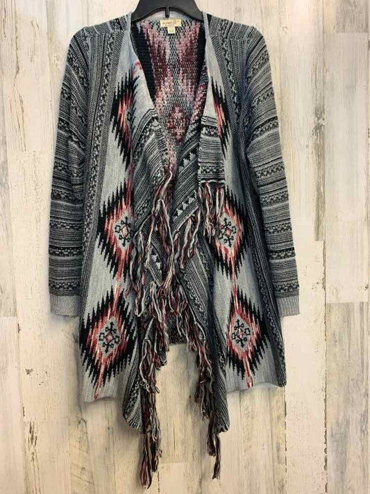 PRE-OWNED ONE WORLD Tops Size S BLACK/GRAY/MAROON TRIBAL CARDIGAN Cardigan/BLACK