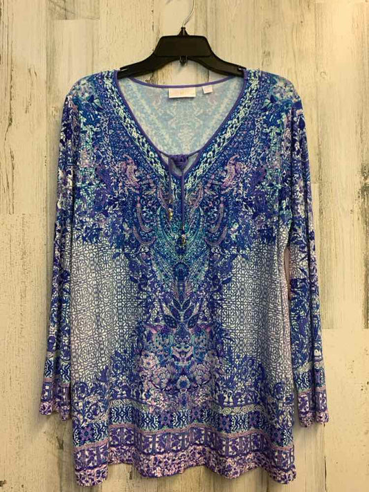 BELLE KIM GRAVEL Tops Size M BLU/PURPLE FLORAL/PAISLEY LONG SLEEVES TOP