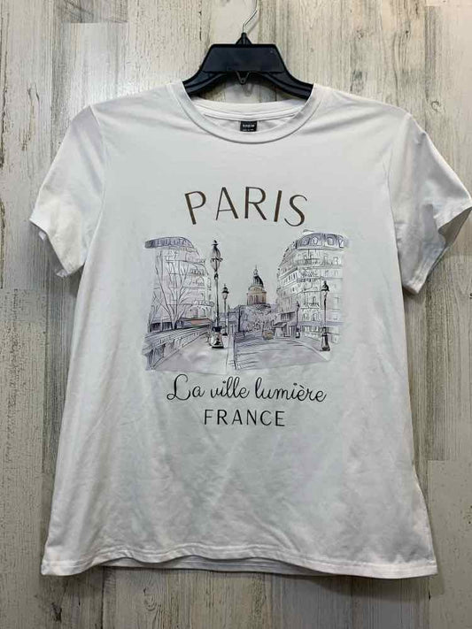 PRE-OWNED SHEIN Tops Size L White PARIS SHORT SLEEVES/WHITE TOP IN WRITI