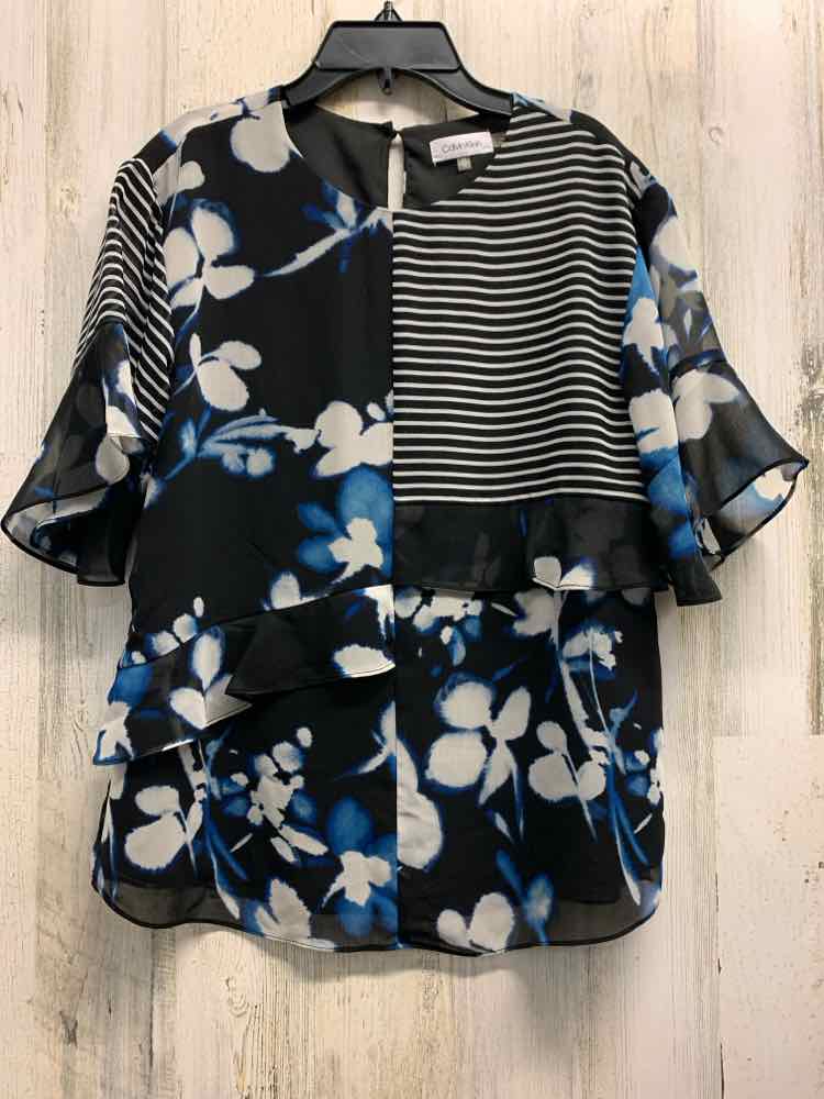 PRE-OWNED CALVIN Tops Size XS BLACK/BLUE/WHITE Floral 3/4 LENGTH TOP/3/4 FLORAL