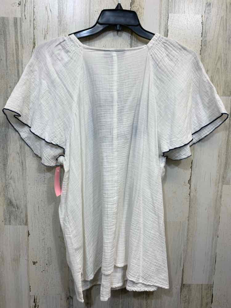 PRE-OWNED LANE BRYANT PLUS SIZES Size 18 WHITE/NAVY Embroidered FLOWY Blouse/WHI