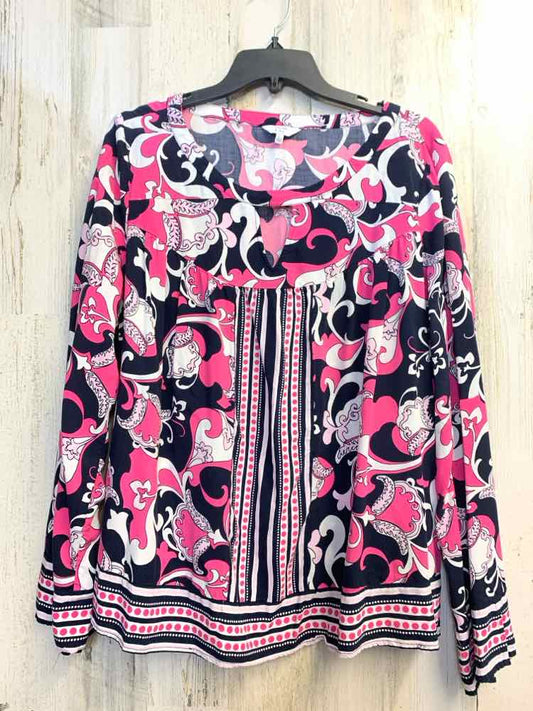 CROWN & IVY Tops Size XL HT PINK/NAVY/WHT SCROLL LONG SLEEVES TOP