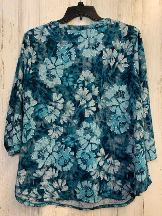 RUBY RD PLUS SIZES Size 1X TEAL/WHT Floral 3/4 LENGTH TOP
