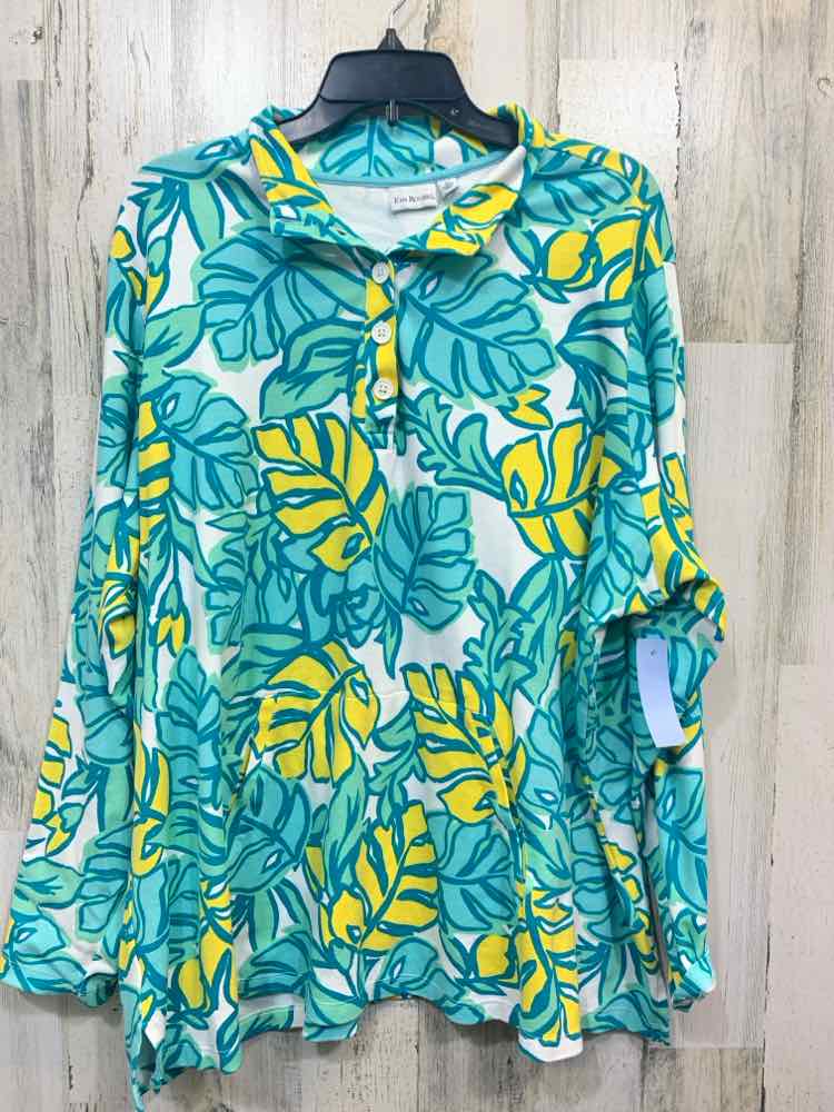 PRE-OWNED KIM ROGERS PLUS SIZES Size 3X WHT/TEAL/YEL TROPICAL Shirt/LONG SLEEVE