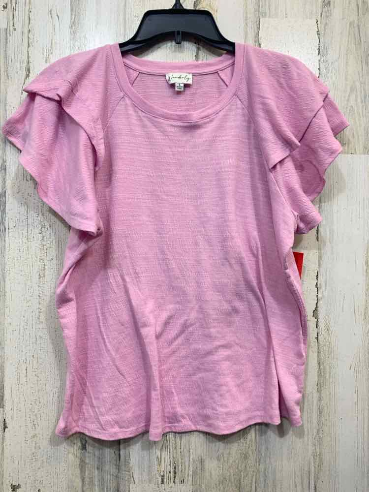PRE-OWNED WONDERLY Tops Size L BABY PINK Solid RUFFLE Shirt/BABY PINK SHORT SLEE