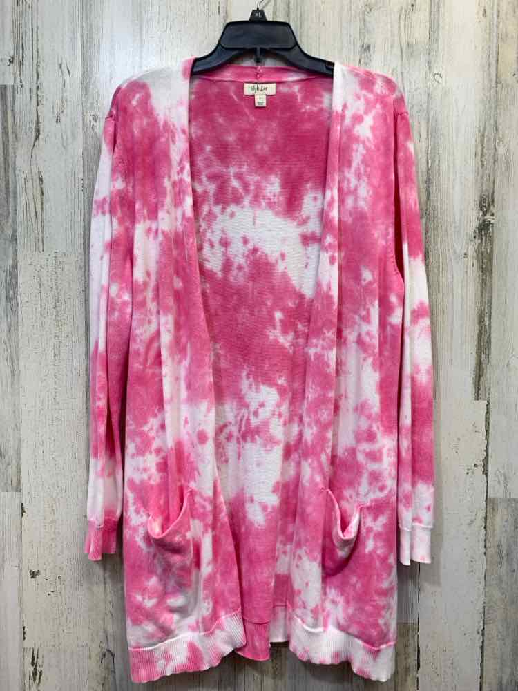 PRE-OWNED STYLE&CO Tops Size L PINK/WHITE TY-DYE CARDIGAN Cardigan/PINK/WHITE LO