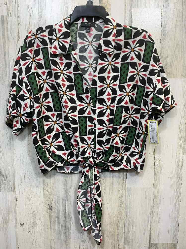 PRE-OWNED HAVER Tops Size M WHITE/BLACK/GREEN/RED ABSTRACT TIES ON FRONT Blouse/