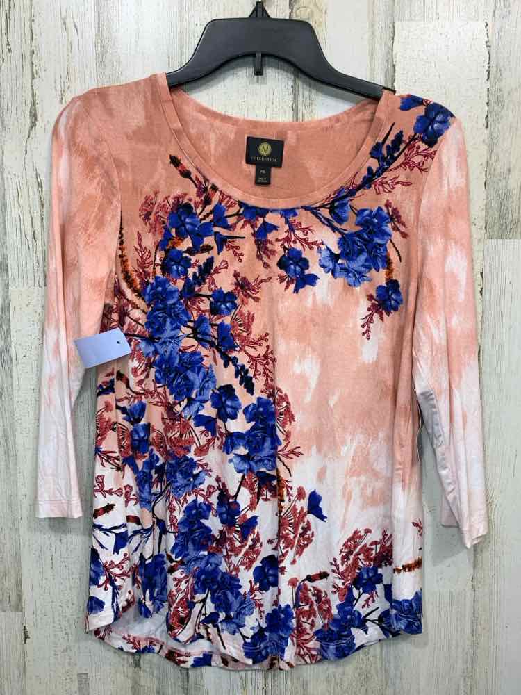 NWT JM COLLECTION Size PS Tops WHT/CORAL Floral 3/4 SLEEVE Blouse