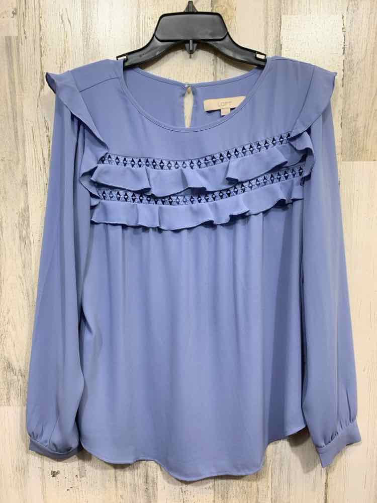 PRE-OWNED LOFT Size M  Blue SCOOP NECK Solid LONG SLEEVE RUFFLES ON BUST BLOUSE