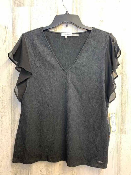 NWT CALVIN KLEIN Tops Size S Black FLUTTER TOP/BLACK CRINKLE FABRIC V-NECK SHEER