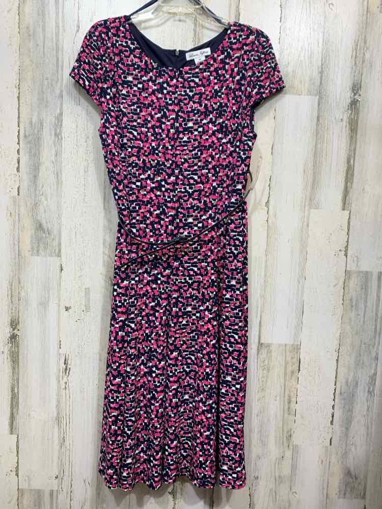 PRE-OWNED LAURA JEFFRIES Size 16 BLK/WHT/PNK ABSTRACT SLEEVELESS/V NECK  DRESS