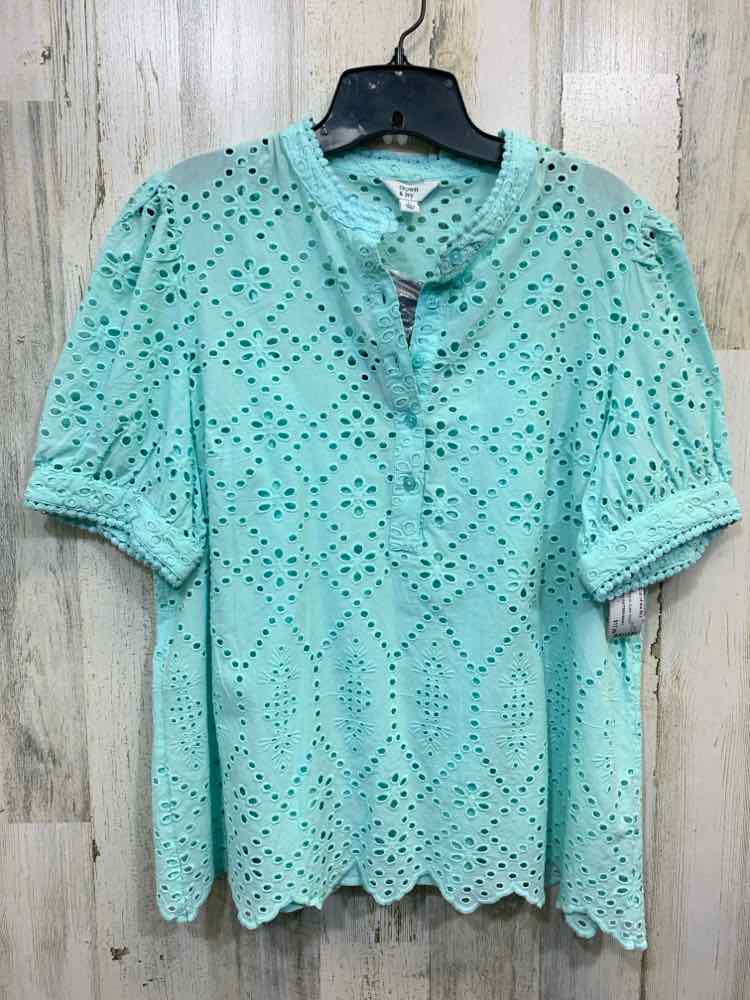NWT CROWN & IVY Tops Size L AQUA Eyelet SHORT SLEEVES Shirt/AQUA EYELET PATTERN