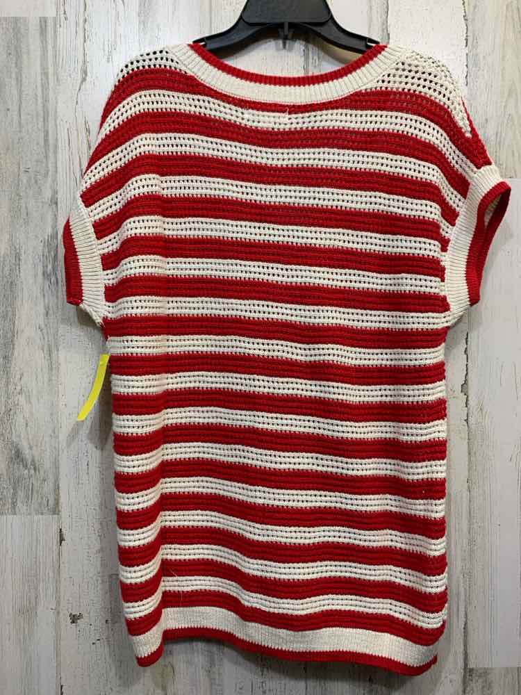 NWT BLUE PEPPER Tops Size L WHITE/RED Crochet KNIT Stripe SHORT SLEEVES Blouse