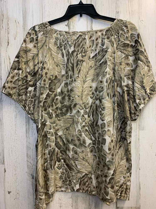 liz & me PLUS SIZES Size 2X TAN/WHT LEAVES SHORT SLEEVES TOP