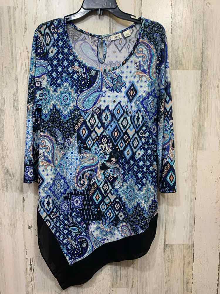 PRE-OWNED CATO Tops Size L BLU/BLK/PCH 3/4 SLEEVE TOP/A-LINE BOTTOM TOP W/SCOOP
