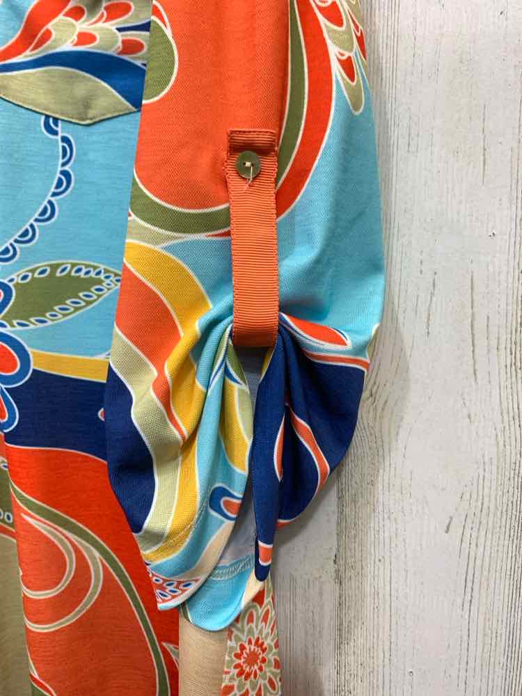 PRE-OWNED MULTIPLES Tops Size L AQUA/ORANGE/YELLOW/OLIVE/NAVY ABSTRACT Blouse/AB