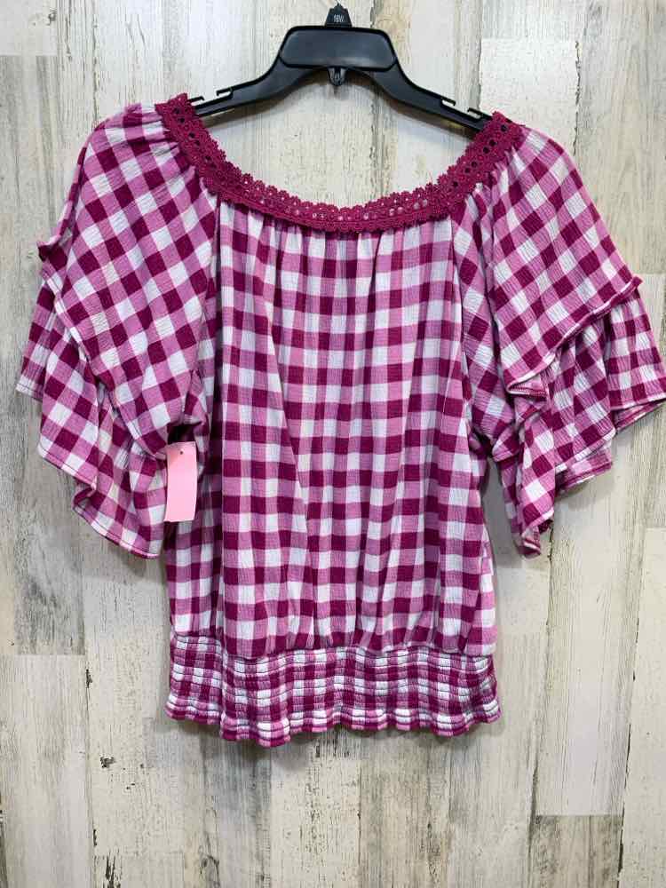 PRE-OWNED EST 1946 Tops Size XL WHT/PLUM Checkered SHORT SLEEVES/LACE TRI Blouse