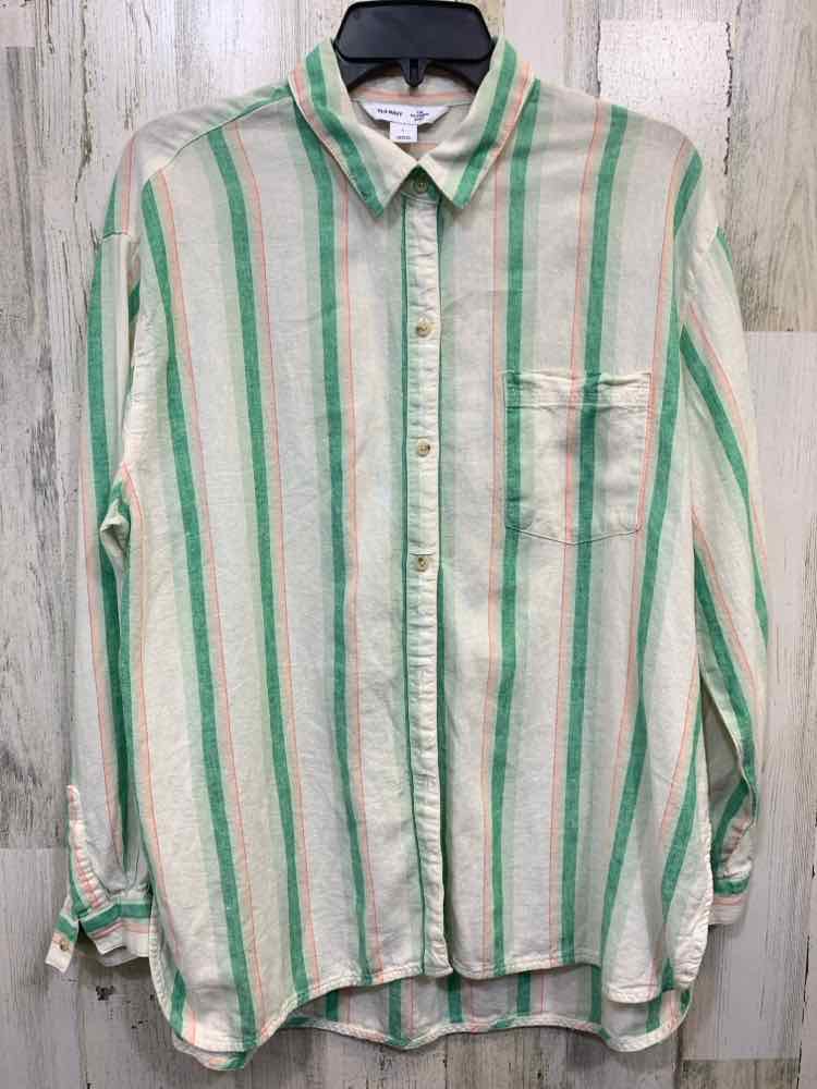 PRE-OWNED OLD NAVY Tops Size L CREAM/GREEN/LIGHT PINK VERTICAL STRIPES Shirt/LON