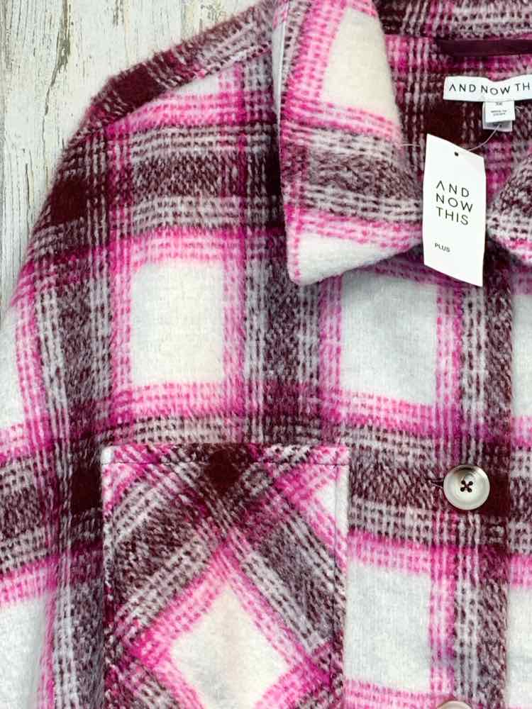 NWT AND NOW THIS Size 3X JACKETS / COATS WHT/PNK Plaid LONG SLEEVES BUTTON UP