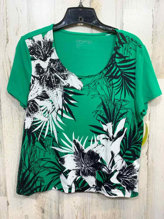 PRE-OWNED ZENERGY BY CHICO'S/RHINESTONE EMBELLISHED PALM/FLORAL PRINT TEE