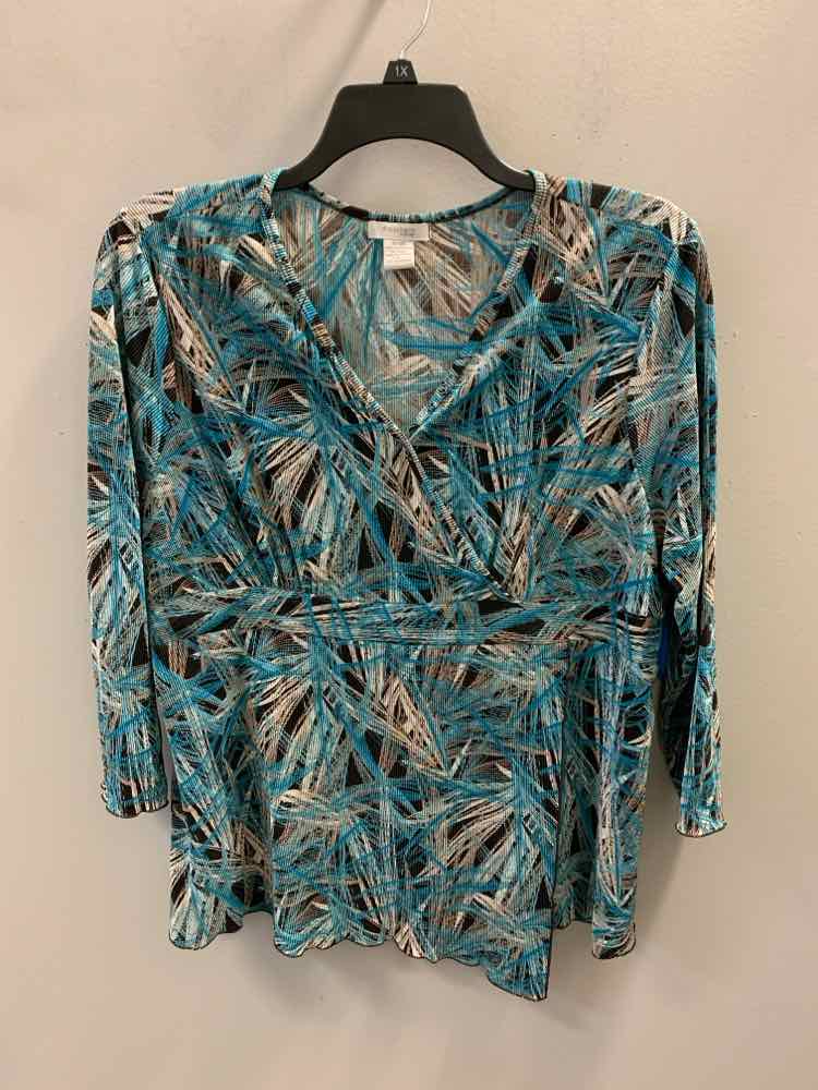 DRESS BARN PLUS SIZES Size 18/20 AQUA/BRN/WHT ABSTRACT 3/4 LENGTH TOP