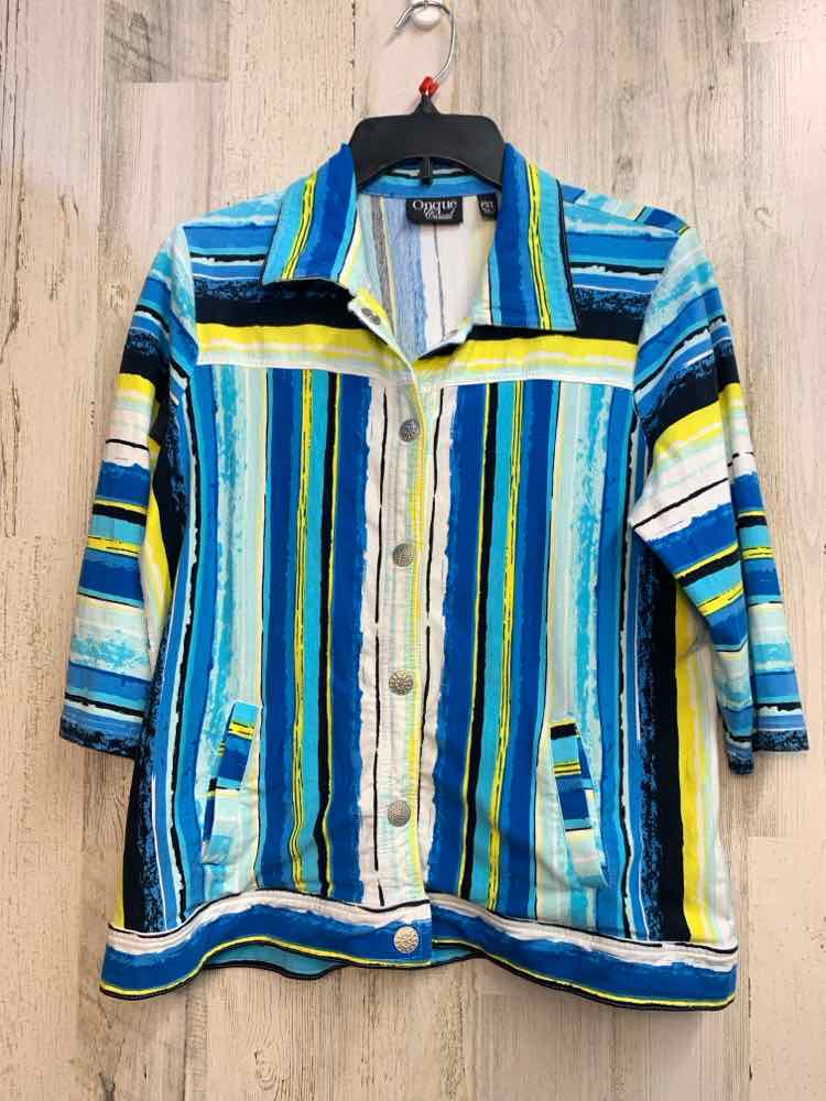ONQUE CASUALS Tops Size PXL BLU/WHT/YEL Stripe 3/4 LENGTH Jacket