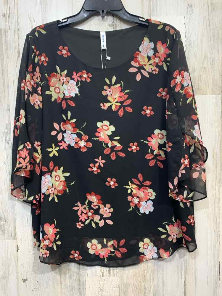 NWT NEINEIWU Tops Size L BLCK/TAN/PINK Floral 3/4 SLEEVE TOP/FLOWLY TOP W/ FLORA